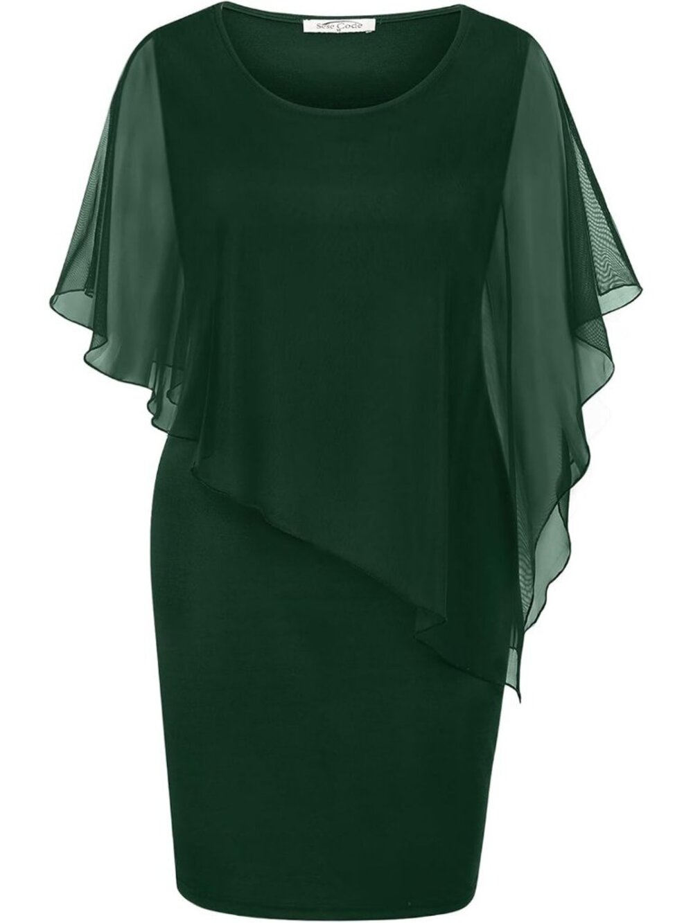 Women's Dark Green Crew Neck Mesh Cape Overlay Knee Length Pencil Bodycon Dress